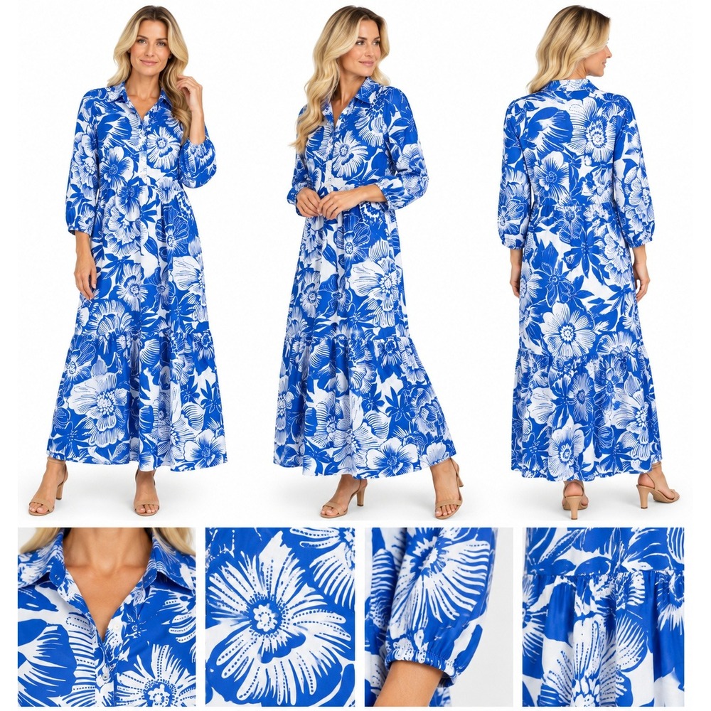 Rachel Zoe Maxi Dress XS Floral Tiered Cotton Shirt Dress Cottagecore Coastal